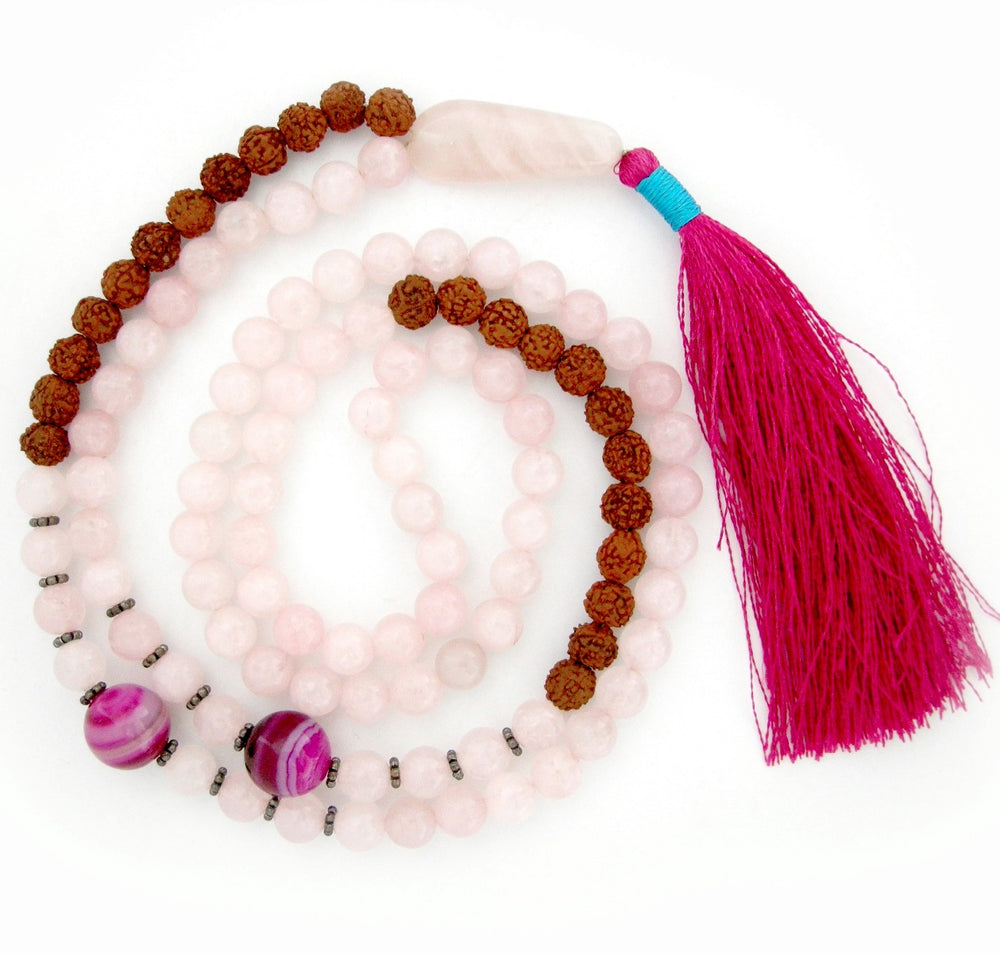 Rudraksha Beads Rose Quartz Gemstone and Pink Onyx Gemstone Beads Healing Mala Necklace | 108 Smooth Round Beads Chakra Mala Rosary with Silver accessories and Tassel