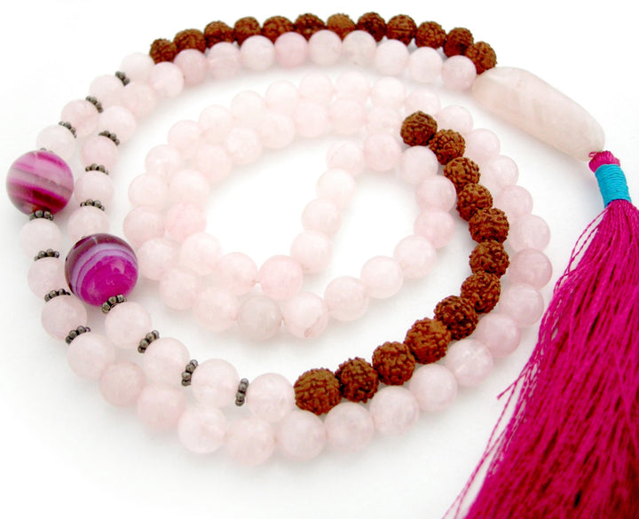 Rudraksha Beads Rose Quartz Gemstone and Pink Onyx Gemstone Beads Healing Mala Necklace | 108 Smooth Round Beads Chakra Mala Rosary with Silver accessories and Tassel