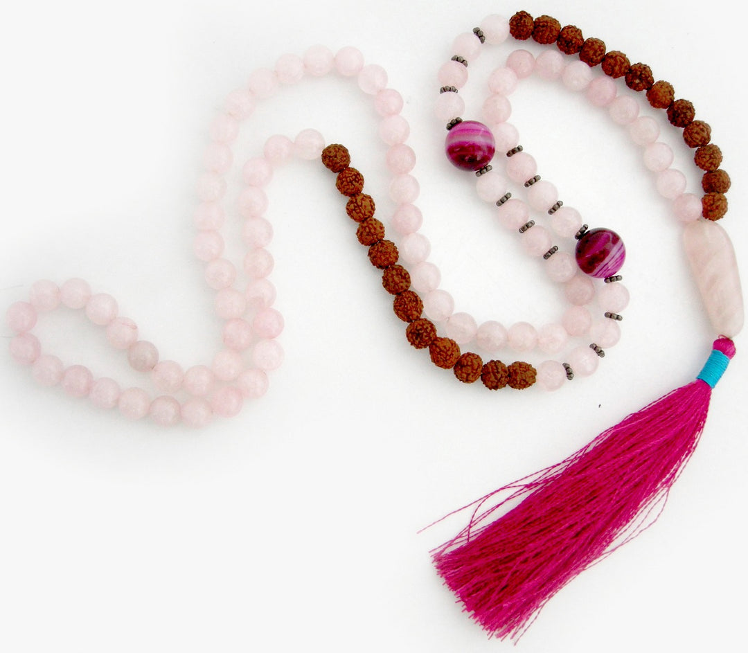 Rudraksha Beads Rose Quartz Gemstone and Pink Onyx Gemstone Beads Healing Mala Necklace | 108 Smooth Round Beads Chakra Mala Rosary with Silver accessories and Tassel