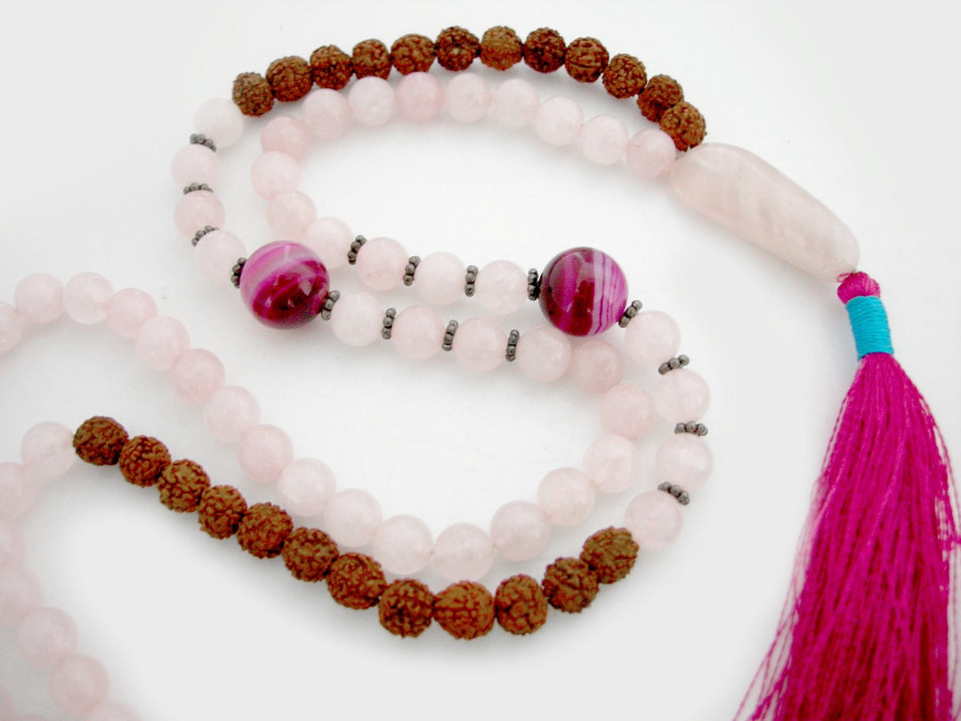 Rudraksha Beads Rose Quartz Gemstone and Pink Onyx Gemstone Beads Healing Mala Necklace | 108 Smooth Round Beads Chakra Mala Rosary with Silver accessories and Tassel