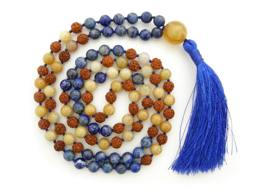 Rudraksha Beads Lapis Lazuli Gemstone and Yellow Aventurine Gemstone Beads Healing Mala Necklace | 108 Beads Chakra Mala Rosary