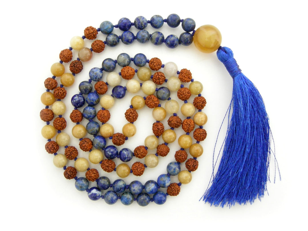 Rudraksha Beads Lapis Lazuli Gemstone and Yellow Aventurine Gemstone Beads Healing Mala Necklace | 108 Beads Chakra Mala Rosary