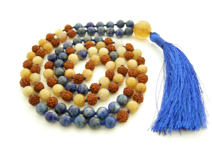 Rudraksha Beads Lapis Lazuli Gemstone and Yellow Aventurine Gemstone Beads Healing Mala Necklace | 108 Beads Chakra Mala Rosary