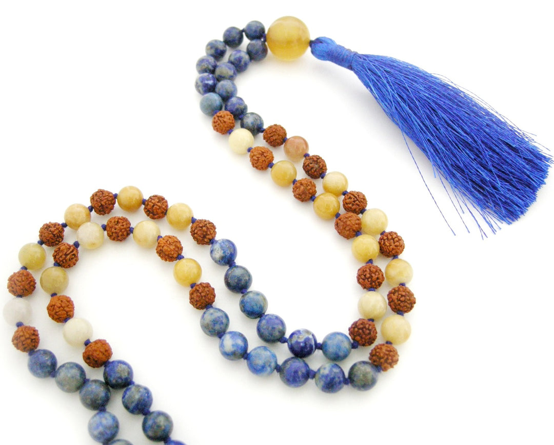 Rudraksha Beads Lapis Lazuli Gemstone and Yellow Aventurine Gemstone Beads Healing Mala Necklace | 108 Beads Chakra Mala Rosary