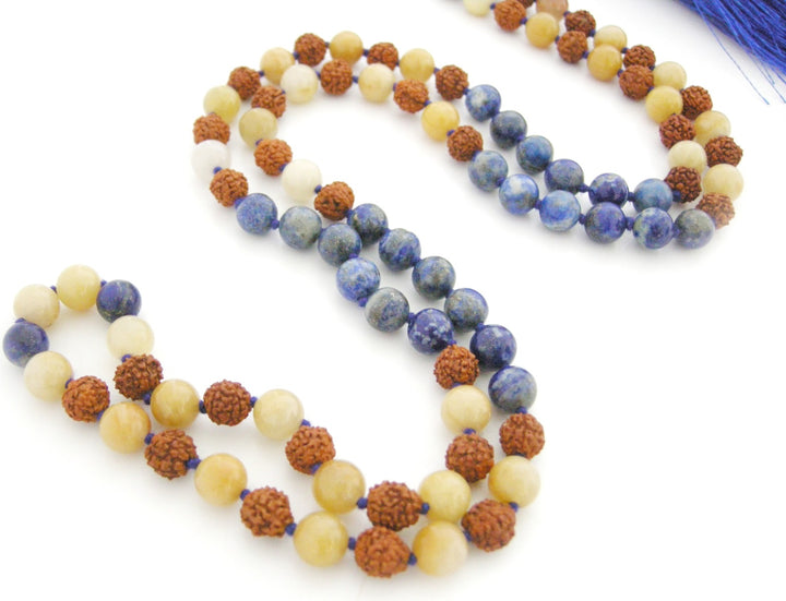 Rudraksha Beads Lapis Lazuli Gemstone and Yellow Aventurine Gemstone Beads Healing Mala Necklace | 108 Beads Chakra Mala Rosary