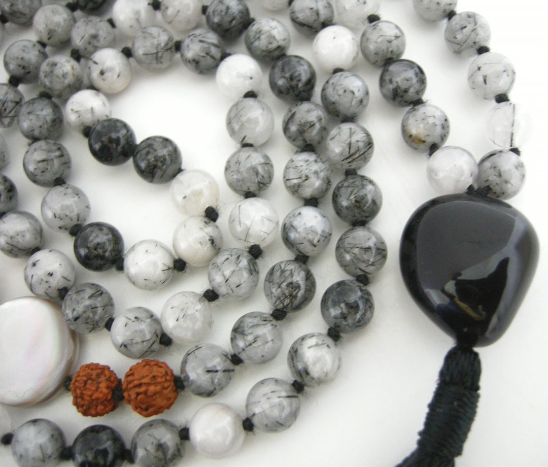  Black Onyx Gem and Moonstone Beads Healing Mala Necklace | 108 Smooth Round Beads Handknotted Chakra Mala Rosary with Black Tassel