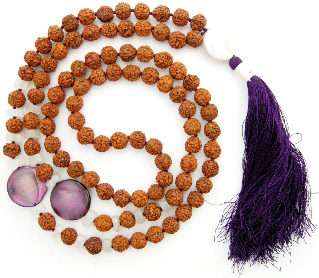 Rudraksha Beads and Moonstone Button Gemstone Beads Healing Mala Necklace | 108 Smooth Round Beads Chakra Mala Rosary handknotted with Silk Tassel