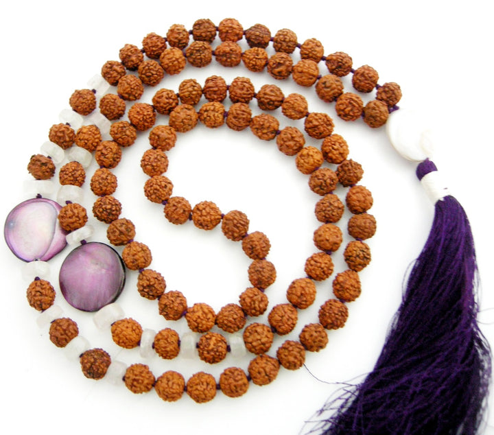 Rudraksha Beads and Moonstone Button Gemstone Beads Healing Mala Necklace | 108 Smooth Round Beads Chakra Mala Rosary handknotted with Silk Tassel