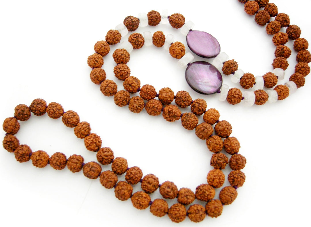 Rudraksha Beads and Moonstone Button Gemstone Beads Healing Mala Necklace | 108 Smooth Round Beads Chakra Mala Rosary handknotted with Silk Tassel