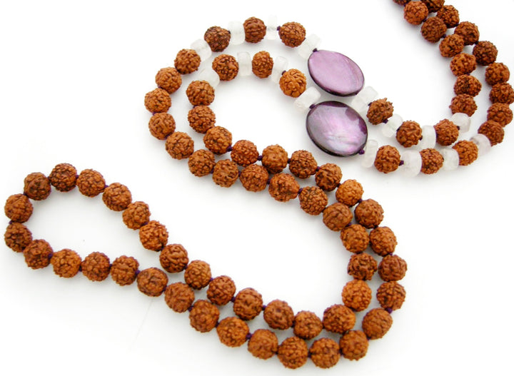 Rudraksha Beads and Moonstone Button Gemstone Beads Healing Mala Necklace | 108 Smooth Round Beads Chakra Mala Rosary handknotted with Silk Tassel