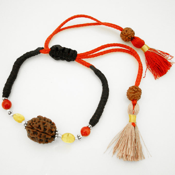 Aries Zodiac Sun Sign Wrist Band | Mesha (Mesh) Rashi Thread Bracelet | A Combination of 3 Mukhi Rudraksha Bead with Coral & Golden Topaz Gemstone Beads in Silver | Energised Mala Bracelet
