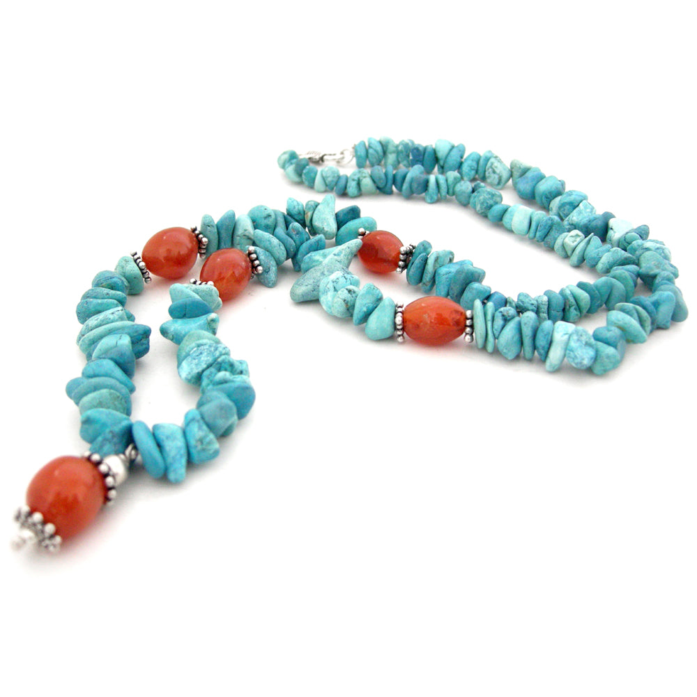 Orange Carnelian Gemstone Beads - Blue Turquoise Chips Beads Stone Necklace with silver Accessories 