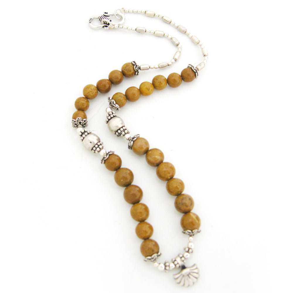 Natural Camel Agate Gemstone Necklace | Yellow Camel Agate ( Hakik ) Smooth round Beads mala Necklace with silver accessories