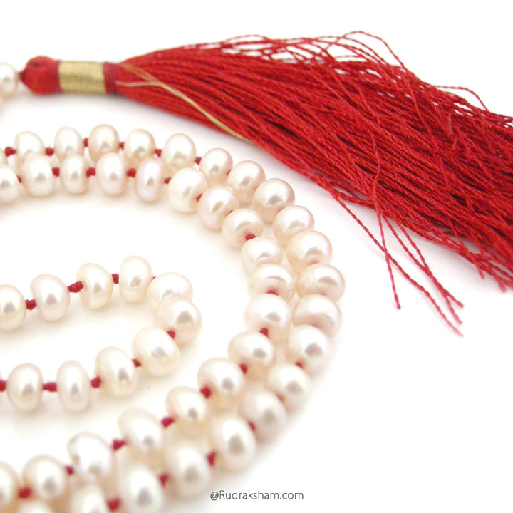 Pearl Mala | White Pearl Gemstone Necklace | 108 + 1 Beads Pearl Stone Handknotted Prayer Rosary | Moon Mala Necklace | Chakra Mala