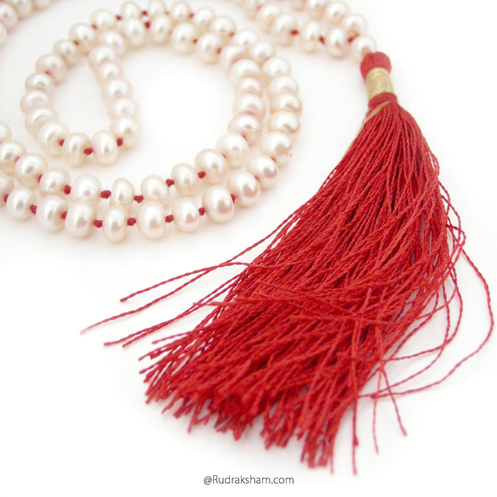 Pearl Mala | White Pearl Gemstone Necklace | 108 + 1 Beads Pearl Stone Handknotted Prayer Rosary | Moon Mala Necklace | Chakra Mala