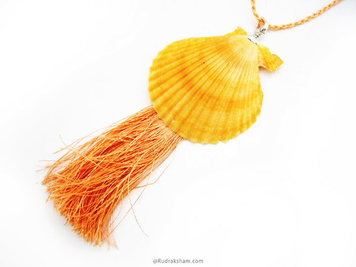 Sea Shell Pendant, Orange Seashell Seep Necklace In Silver with Silk Tassel, Scallop Shell Pendant with matching Cord Necklace, Real Natural Sea Shell Necklace