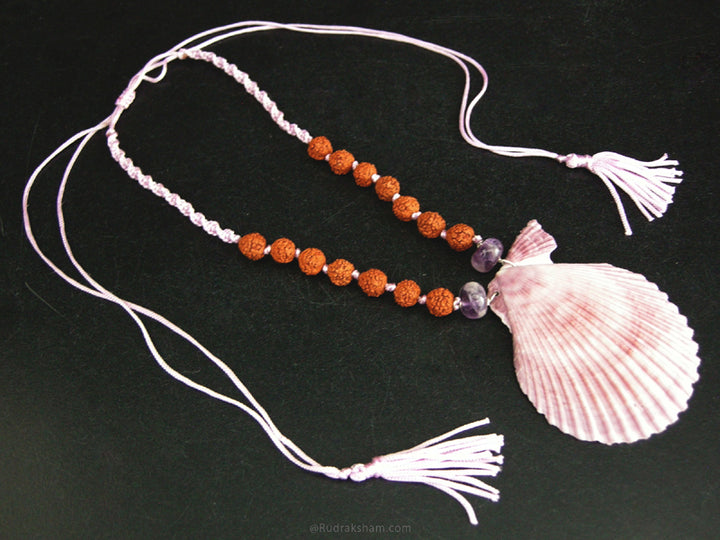  Scallop Shell Pendant with Rudraksha Purple Cord Necklace