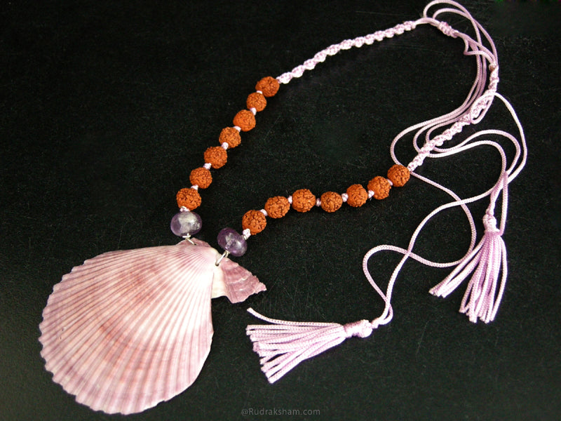 Seep Seashell Pendant | Rudraksha and Amethyst Necklace