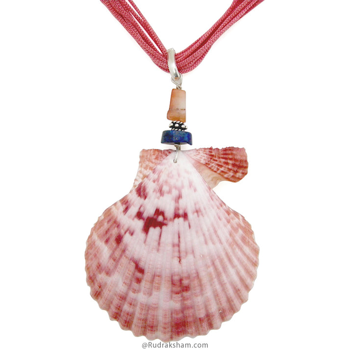 Seashell Seep Pendant Necklace, Real Natural Sea Shell Necklace, Scallop Shell Pendant with Orange stone and Lapis Lazuli Bead Necklace