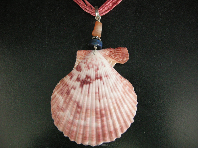  Scallop Shell Pendant with Rudraksha and Lapis Lazuli Bead Necklace 