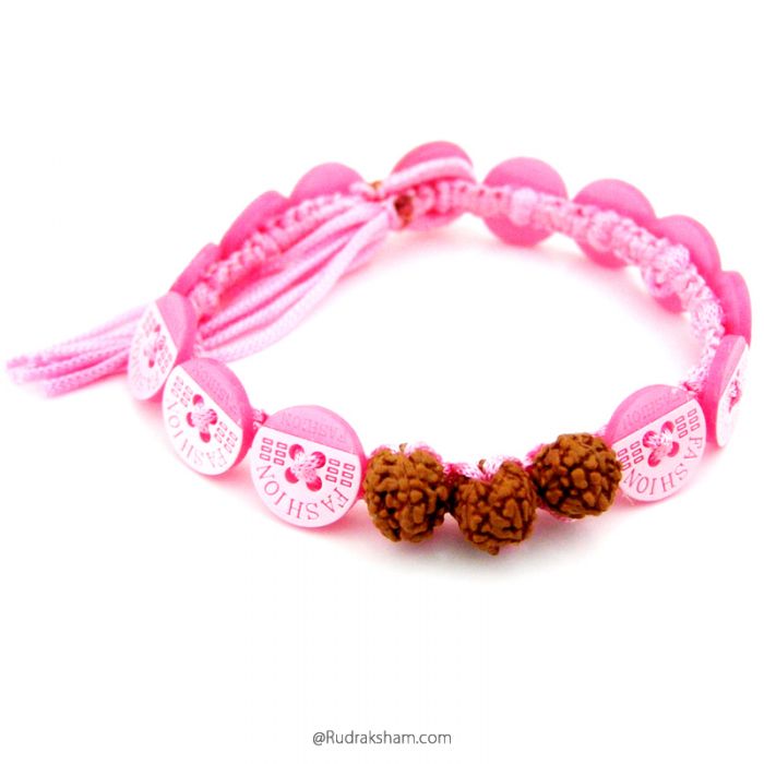 Rudraksha and Buttons mala Bracelet in colorful threads, Wholesale Pack of wrist bands 5 Mukhi ( Paanch ) Rudraksha Bead and Red Sandalwood / Lal Chandan beads