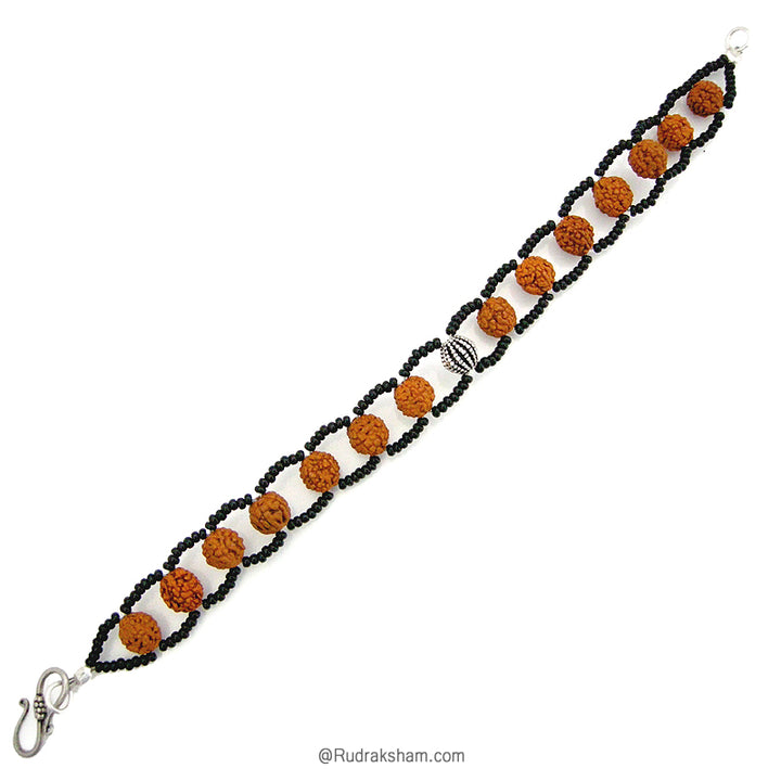 Rudraksha Bracelet with Seed Beads | 7mm Rudraksha Beads & Black Seed Beads with a center silver Bead & Silver Hook
