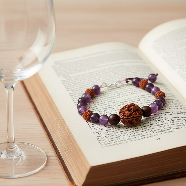 The Saraswati Viveka Bracelet: 4 Mukhi, Amethyst & Red Sandalwood for Mental Clarity