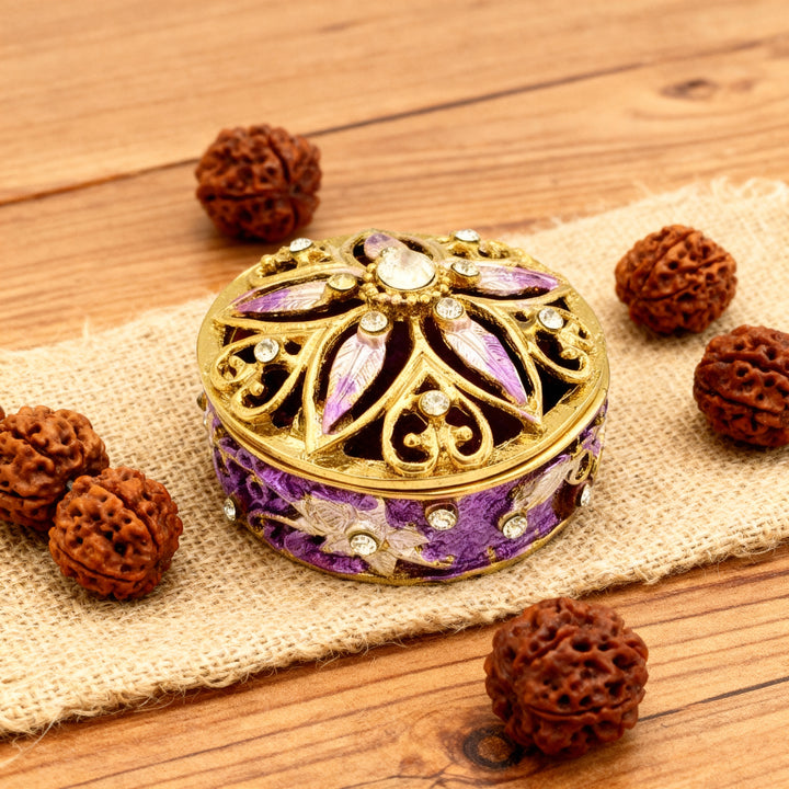 Rudraksha Box with Stones | Vintage Design Purple Colour Enamel Designer Metal Trinket / Box for Jewellery and Rudraksha Beads Collection
