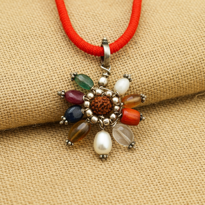 Navratna Pendant with Silver Accessories, 9 Gemstone Pendant | Navgrah Stone Pendant, Ruby, Pearl, Coral, Emerald, Golden Topaz, Sphatik, Blue Sapphire, Gomed & Cat's Eye