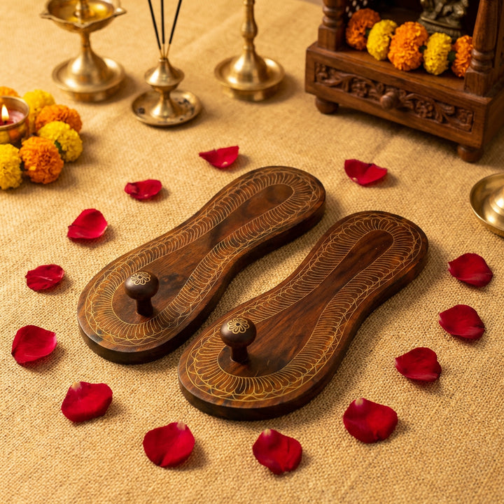 10 Inches Charan Paduka Brass, Traditional Wooden Charan Paduka with Brass Inlay Work for Sadhu Saints, Wooden Khadau, Lakshmi Charan