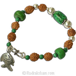Green Turquoise and Rudraksha Beads Silver Bracelet with Fish Pendant and Silver Accessories