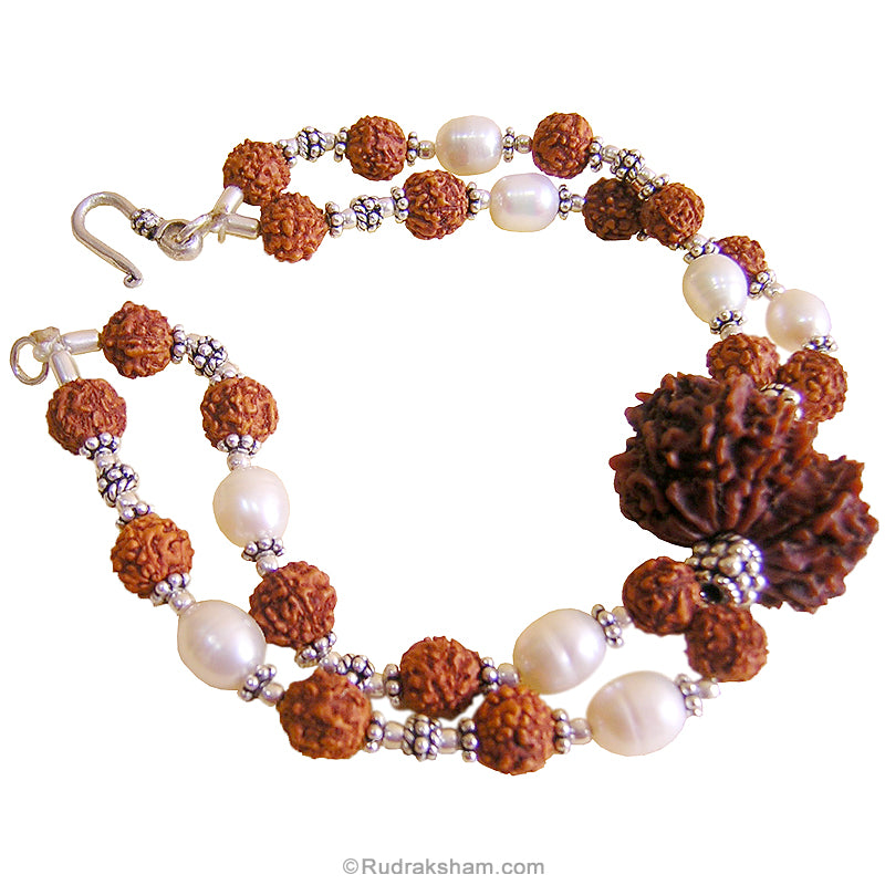Gauri Shankar Pearl Beads Double Strand Bracelet | Gauri Shankar Nepal Rudraksha Silver Bracelet with Pearl | Shiva Parvati Bead with Pearl in Wrist Bracelet with Silver Accessories