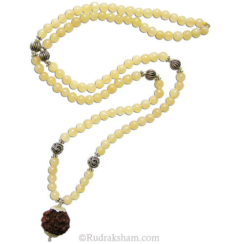Yellow Aventurine Gemstone Mala Necklace with Silver accessories and 5 Mukhi Nepal Collector Rudraksha Bead Silver Pendant for Planet Jupiter