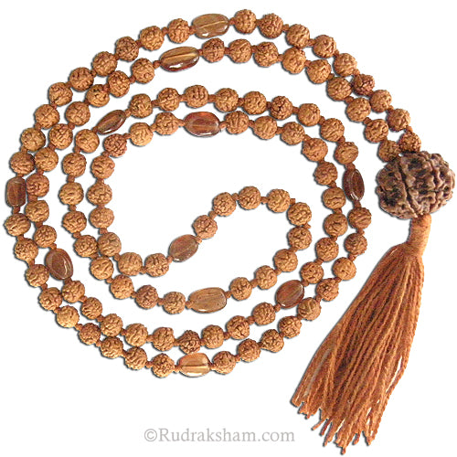 Rudraksha Beads - Gomed ( Hessonite ) Gemstone Beads Combination Mala Rosary Hand knotted in Thread With 8 Mukhi Rudraksha