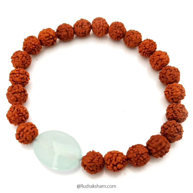 Green Stone and Rudraksha Beads Bracelet In Elastic for everyday use