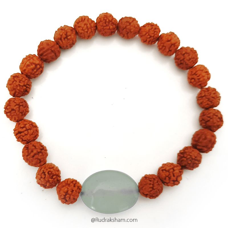 Green Stone and Rudraksha Beads Bracelet In Elastic for everyday use