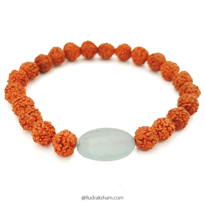 Green Stone and Rudraksha Beads Bracelet In Elastic for everyday use