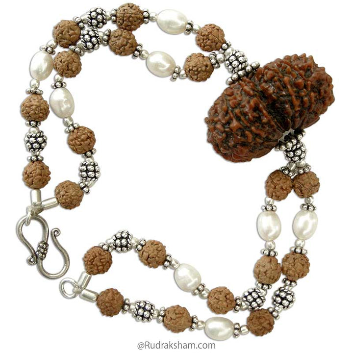 Gauri Shankar Pearl Beads Double Strand Bracelet | Gauri Shankar Nepal Rudraksha Silver Bracelet with Pearl | Shiva Parvati Bead with Pearl in Wrist Bracelet with Silver Accessories