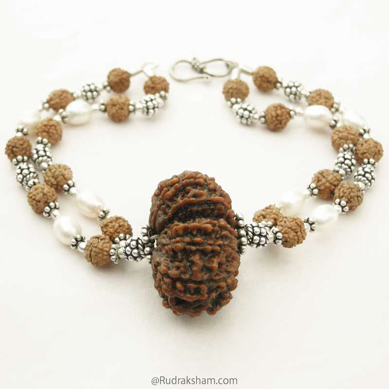 Gauri Shankar Pearl Beads Double Strand Bracelet | Gauri Shankar Nepal Rudraksha Silver Bracelet with Pearl | Shiva Parvati Bead with Pearl in Wrist Bracelet with Silver Accessories