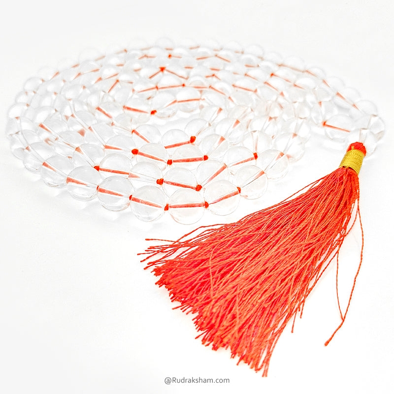 12 mm Natural Sphatik Mala 108 + 1 Beads | Original High Quality Clear Plain Beads Crystal / Quartz Stone Rosary | Smooth Round Beads Crystal Gemstone Mala Necklace