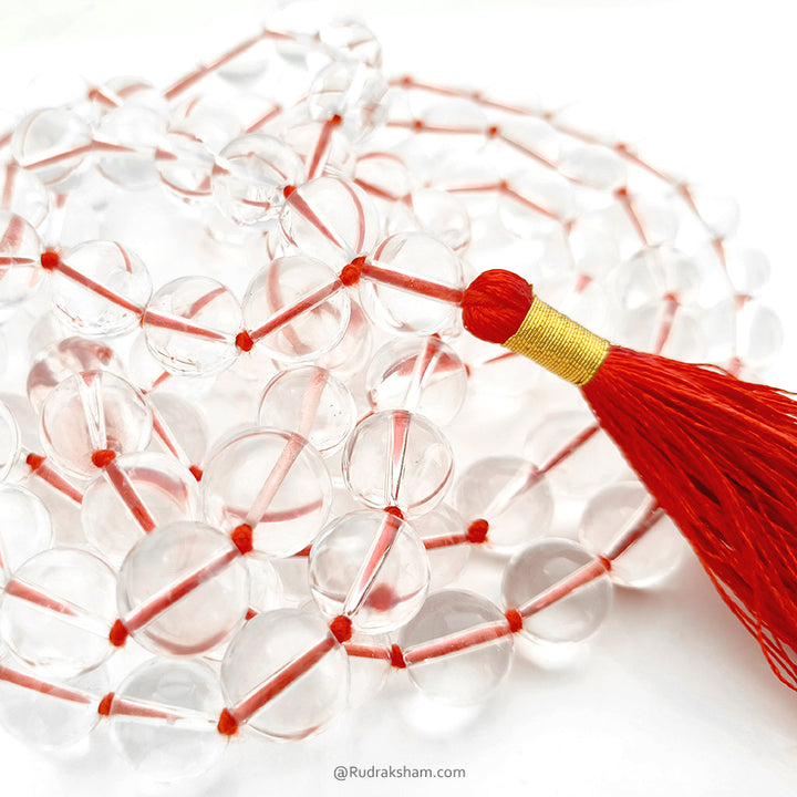 12 mm Natural Sphatik Mala 108 + 1 Beads | Original High Quality Clear Plain Beads Crystal / Quartz Stone Rosary | Smooth Round Beads Crystal Gemstone Mala Necklace