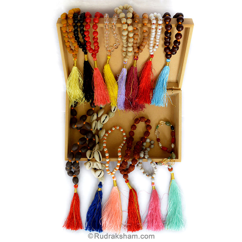 Japa Mala Gift Box, 27+1 Beads 14 Japa Mala Set, Rudraksha, Red - White Sandalwood, Sphatik, Skull Beads, Vaijanti, Silver Beads, Navratna, Tulsi, Haldi, Lotus Seeds, Black Agate, Pearl, Kauri