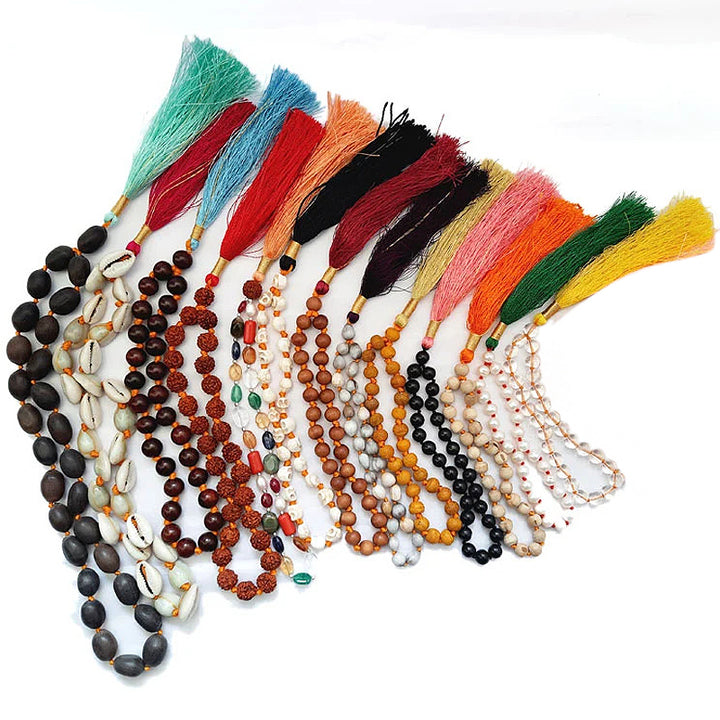 27+1 Beads 13 Japa Mala Set, Rudraksha, Red - White Sandalwood, Sphatik, Skull Beads, Vaijanti, Navratna, Tulsi, Haldi, Lotus Seeds, Black Agate, Pearl, Kauri, Complimentary 6 Japa Mala Bags