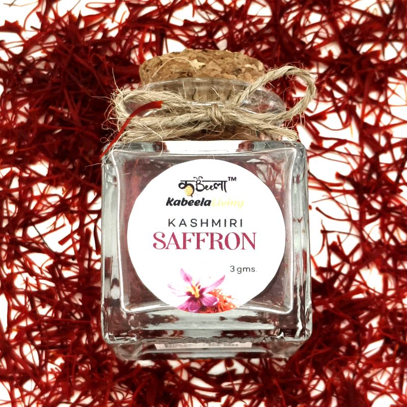 Kabeela Living Kashmiri Mongra Saffron | Kashmir Kesar | Pure Natural & Finest Saffron Threads in Glass bottle with wooden Cork | 3 Gram