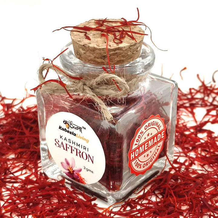 Kabeela Living Kashmiri Mongra Saffron | Kashmir Kesar | Pure Natural & Finest Saffron Threads in Glass bottle with wooden Cork | 3 Gram