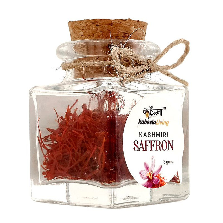 Kabeela Living Kashmiri Mongra Saffron | Kashmir Kesar | Pure Natural & Finest Saffron Threads in Glass bottle with wooden Cork | 3 Gram