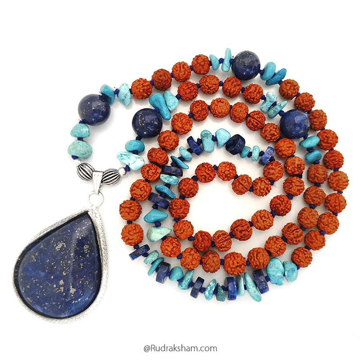 Lapis Lazuli Beads - Turquoise Chips beads - Rudraksha Beads Necklace with Lapis Lazuli Gem Pendant, Handknotted mala in Blue thread