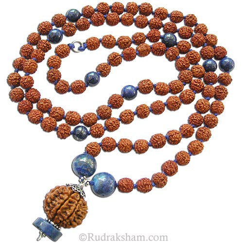 Rudraksha Beads and Lapis Lazuli Gemstone Mala Necklace with 7 Mukhi Nepal Collector Rudraksha Bead Pendant in Silver for Planet Saturn / Shani