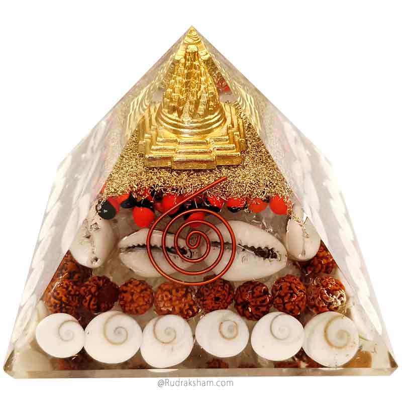 Laxmi Pyramid - Orgonite Pyramid With Rudraksha, Shree Yantra, Gomati Chakra, White Kauri & Red Chirmi Seeds For Vastu, Family Happiness, Wealth, Good Luck & Prosperity - 3.5"