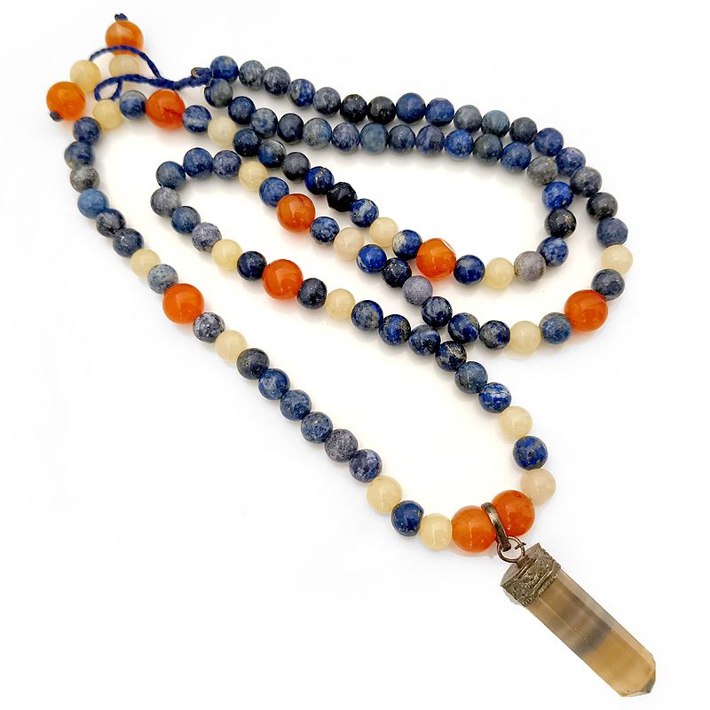 Smoky Quartz Pencil Pendant with Carnelian, Lapis Lazuli and Aventurine Gemstone Beads Necklace in Thread | Smoky Quartz Dowsing Pendant